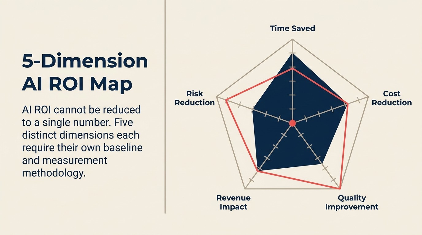 The 5-Dimension AI ROI Map showing measurement framework across time saved, cost reduction, quality, revenue, and risk