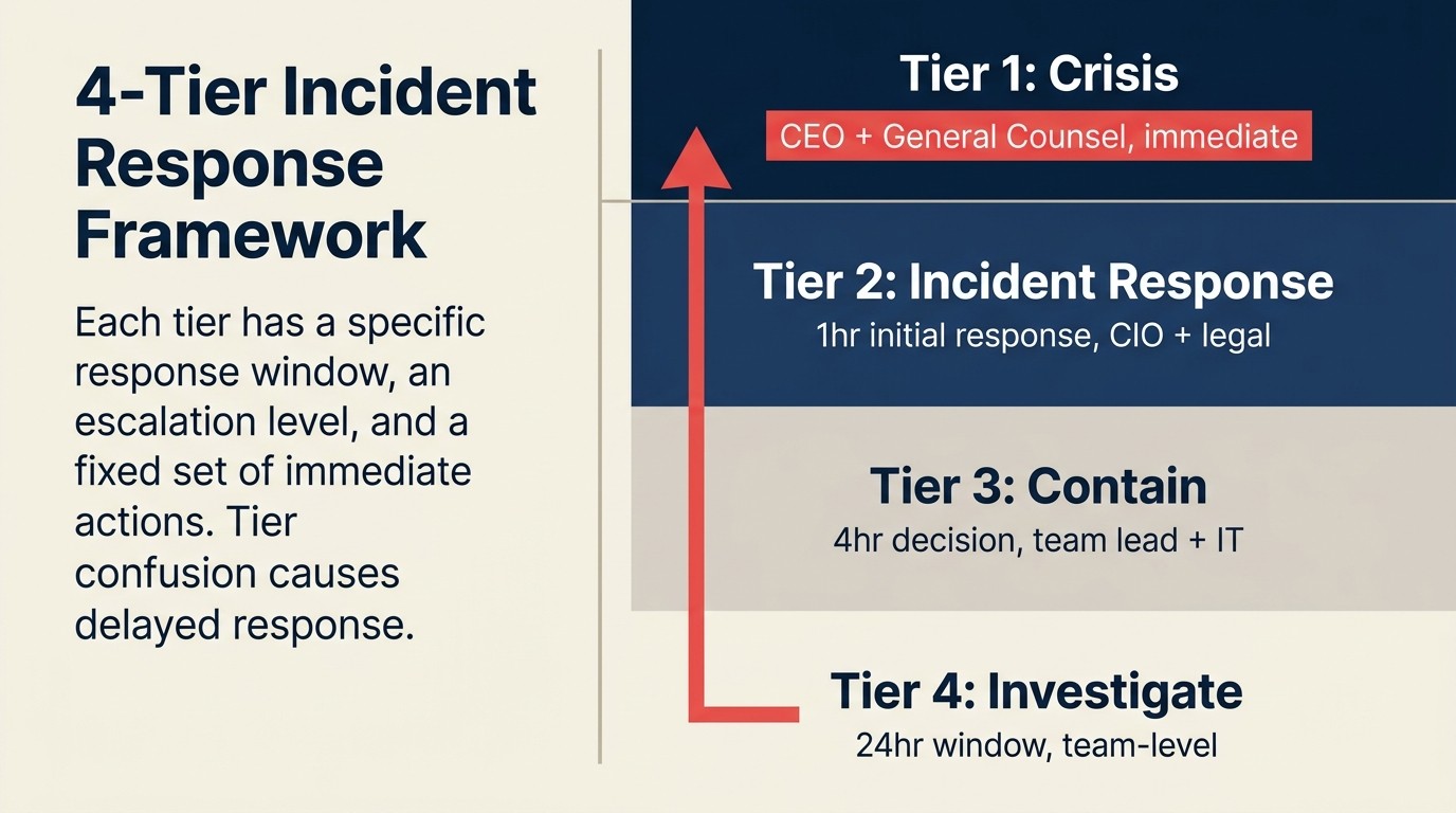 Four-tier AI incident response framework from Tier 4 internal investigation through Tier 1 executive crisis response with response windows and escalation paths