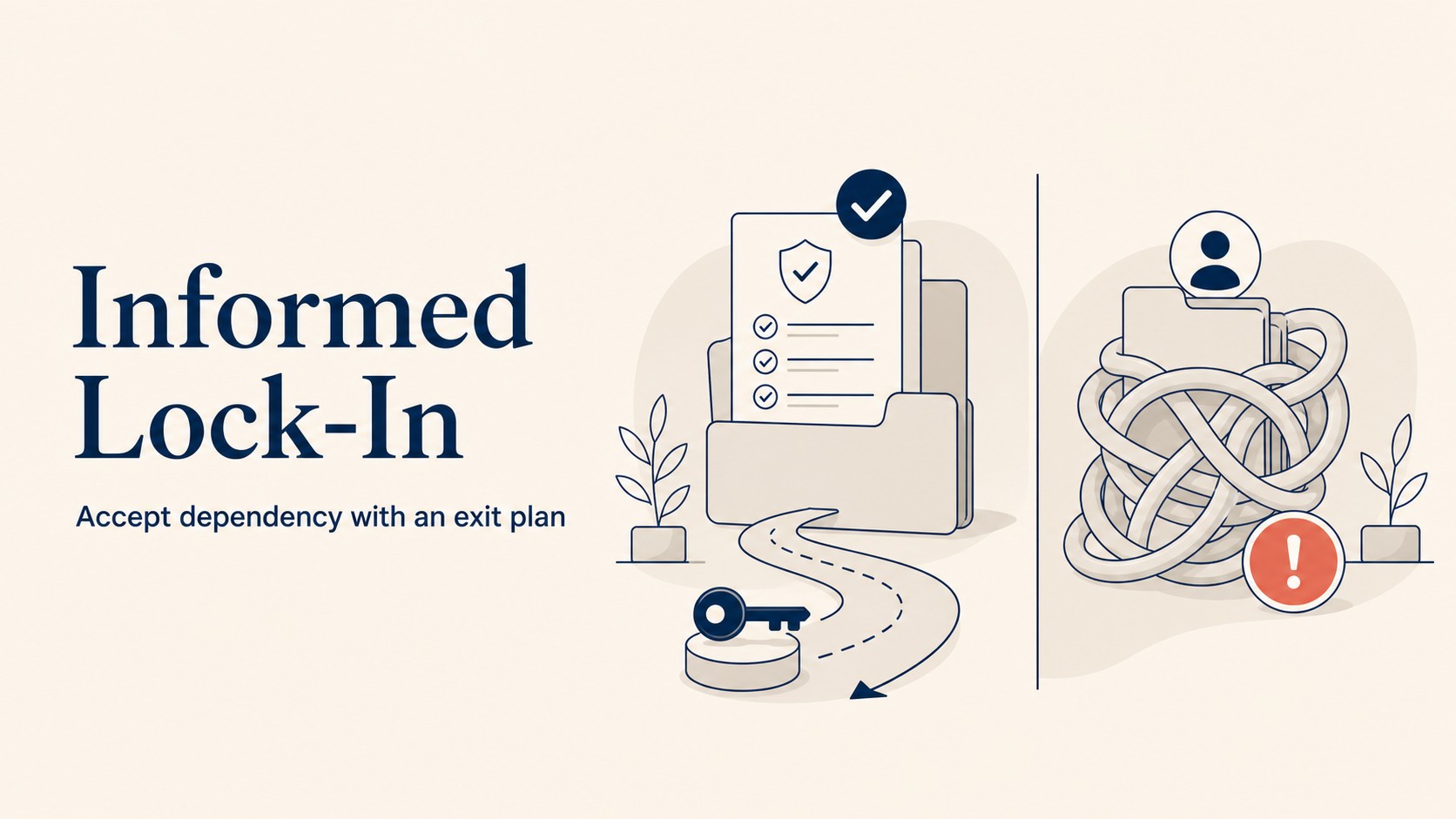 Informed versus accidental AI vendor lock-in comparison showing documented decision with switch plan versus undocumented two-year dependency with no exit assessment