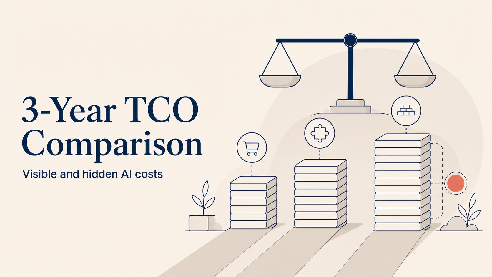 Three-year total cost of ownership comparison for build, buy, and integrate AI paths at 50, 500, and 5000 users