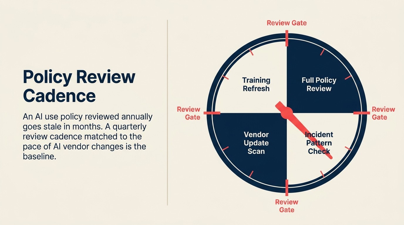 AI use policy review cadence với quarterly approved tool list review, annual full policy review, và trigger-based reviews sau incidents hoặc regulatory changes