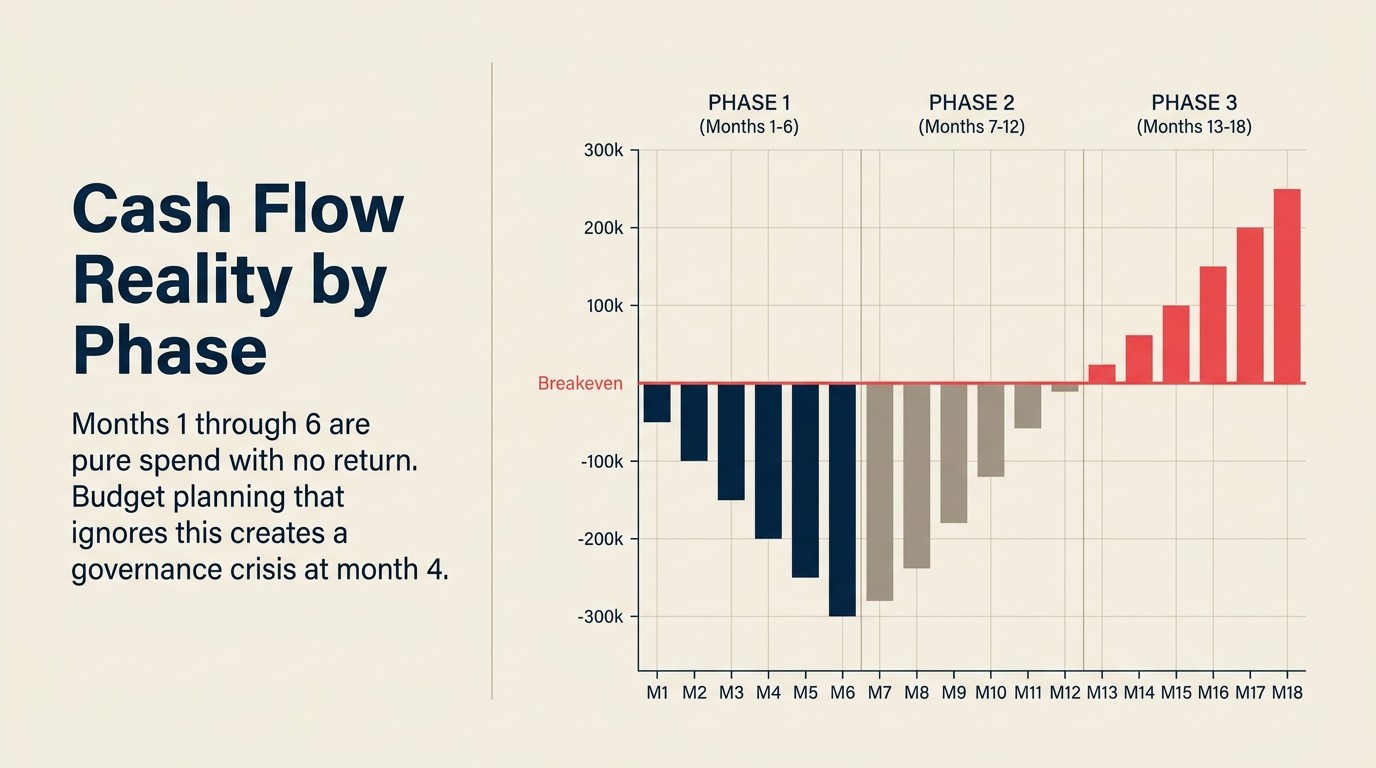 18-month AI transformation cash flow showing net negative in months 1 to 6, breakeven at months 7 to 12, and positive ROI territory from month 13