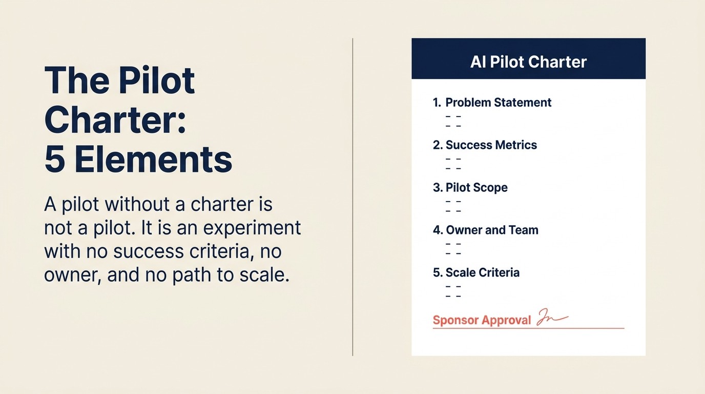 Stage 1 to 2 crossing test: four-question diagnostic covering AI policy, named pilot, baseline measurement, and named owner with defined end date