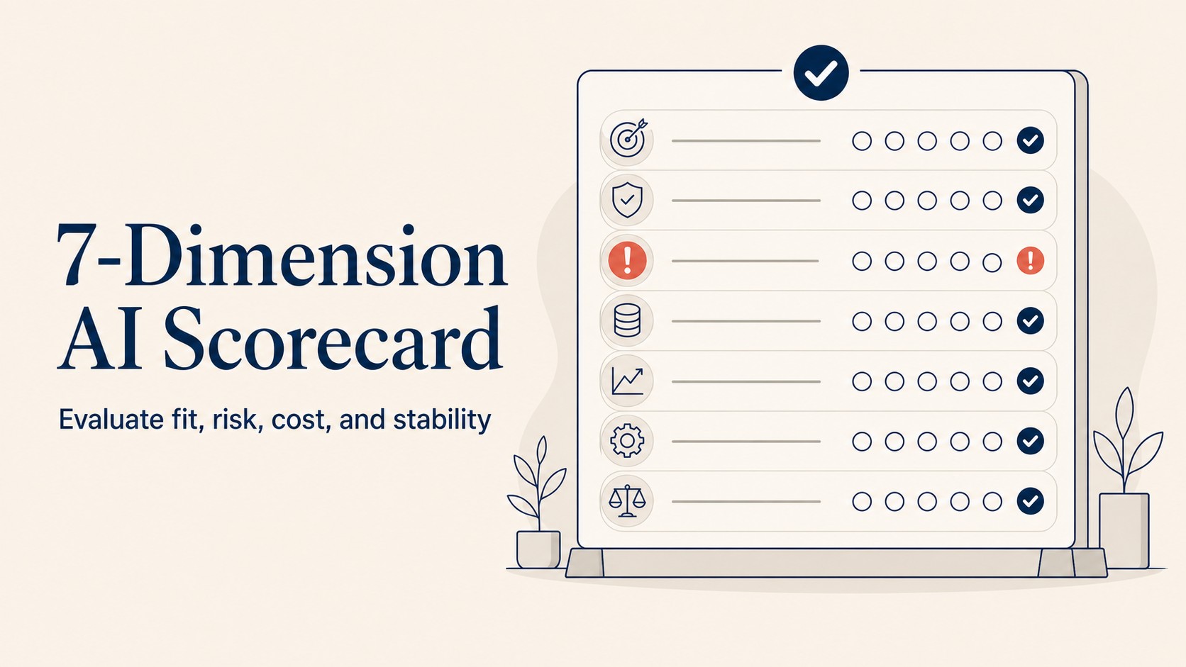 Seven-dimension AI vendor scorecard with capability fit, data practices, integration depth, model flexibility, pricing, compliance, and vendor stability scoring rubrics