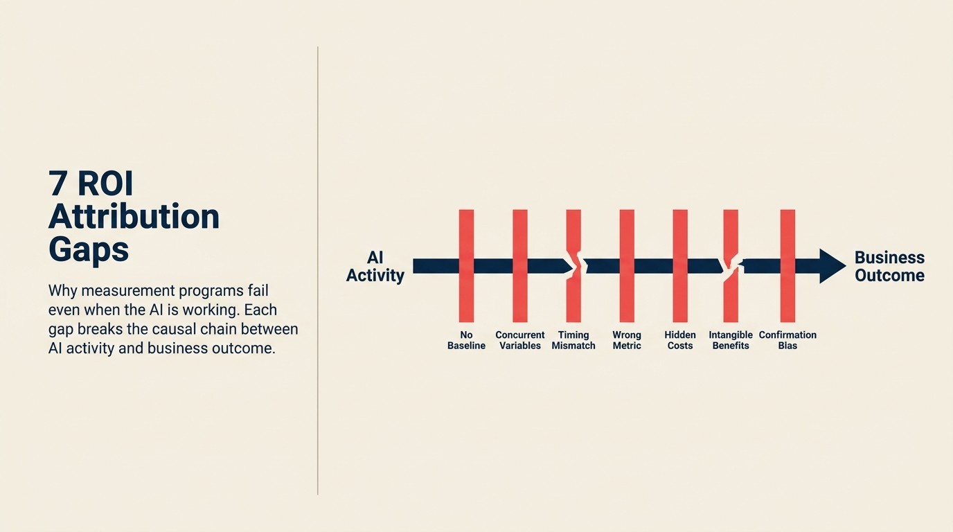 The 7 ROI Attribution Gaps framework showing structural reasons AI return on investment is hard to prove