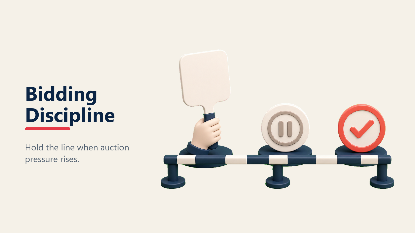Bidding Discipline illustrated as a firm coral bid ceiling acting as a gate that stops an auction paddle before it reaches an overheated price spiral