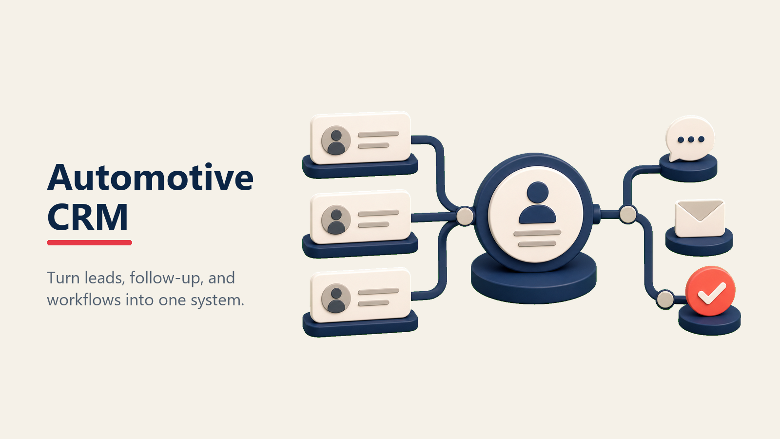 Automotive CRM Implementation shown as a dealership customer record moving through one clean central crm lens that aligns a vehicle, salesperson, service wrench, and follow-up signal without a dashboard or dense nodes