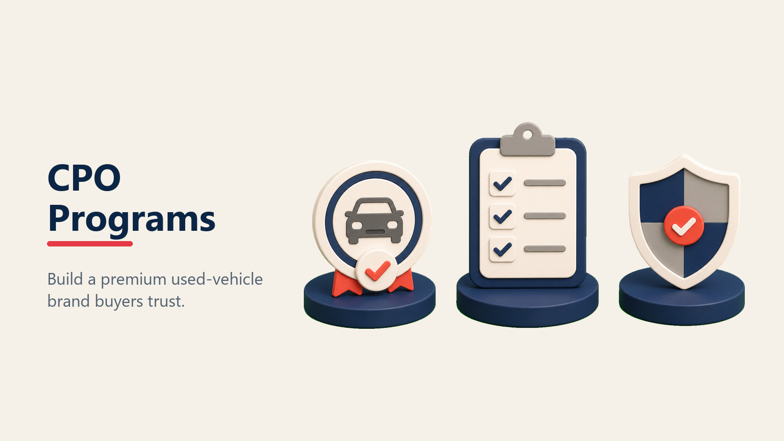 Certified pre-owned program shown as a vehicle passing inspection into a warranty-backed trust seal