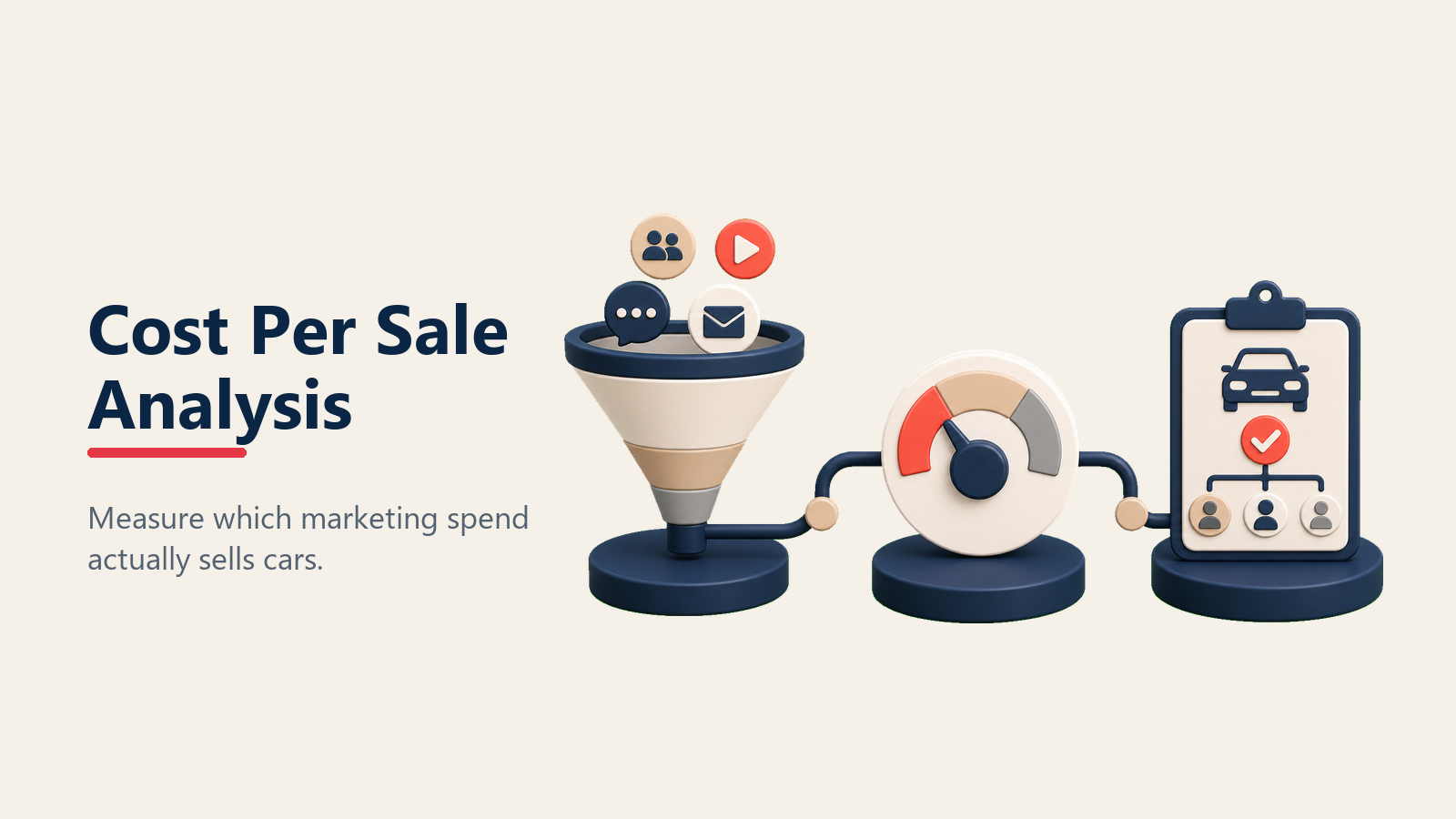 Cost Per Sale Analysis shown as marketing-to-sale balance for an automotive dealership