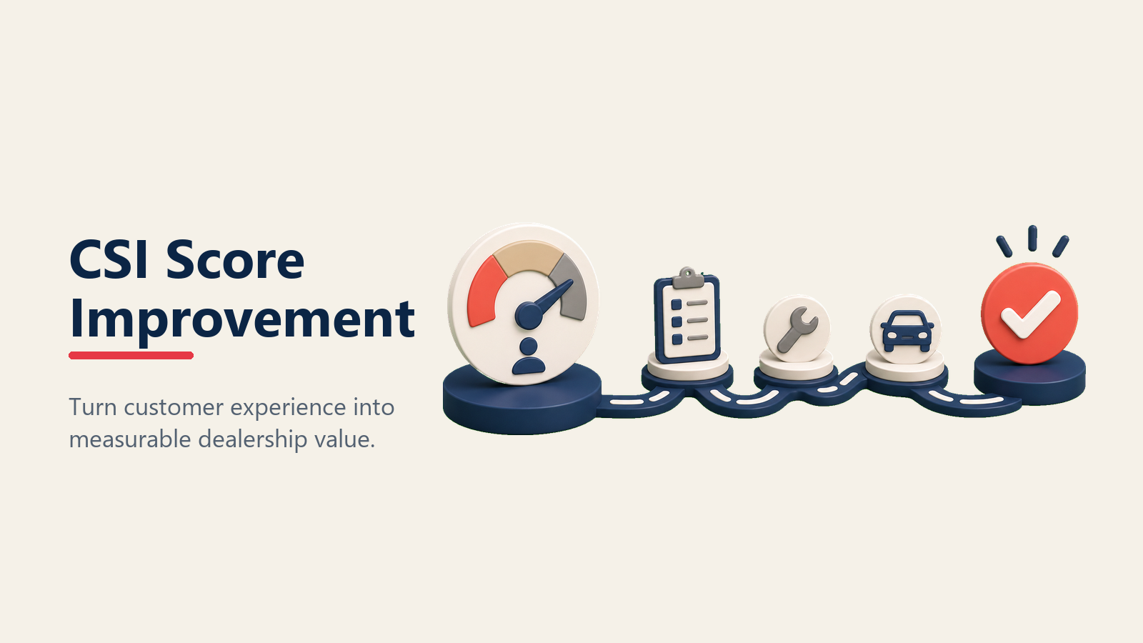 Dealership CSI Score Improvement illustrated as a satisfaction gauge rising as three friction stones are removed from a customer journey path