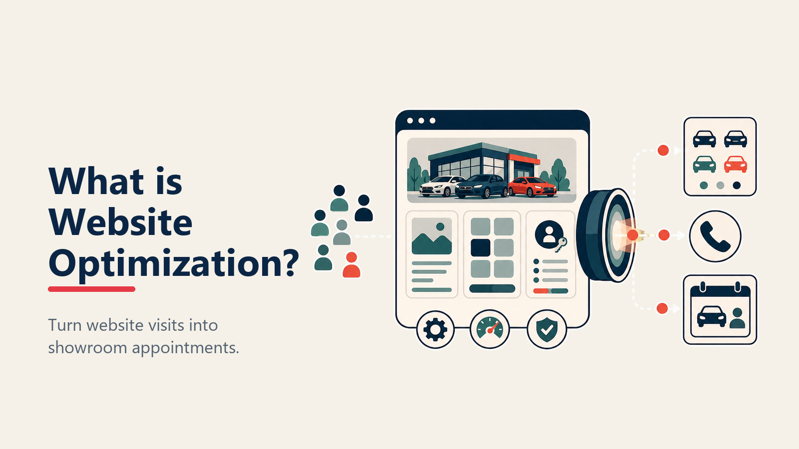 Dealership Website Optimization illustrated as a dealership storefront merged with a browser window, a coral inquiry token passing through a clean doorway