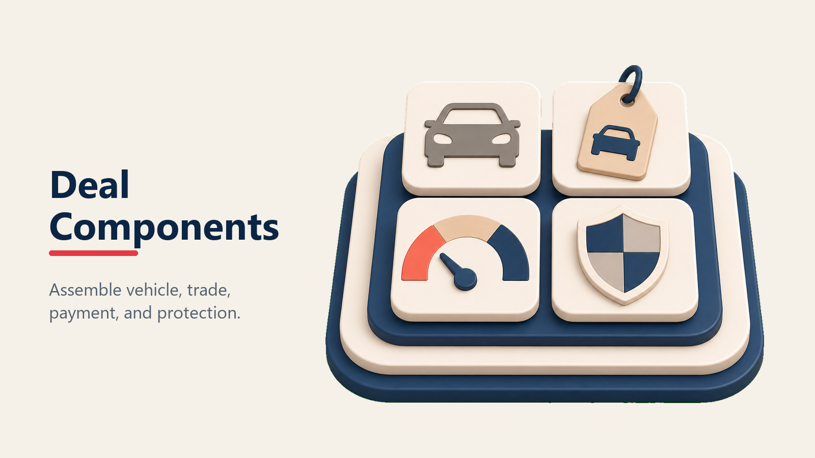 Componentes de la estructura de negocio automotriz para vehículo, trade-in, pago y protección