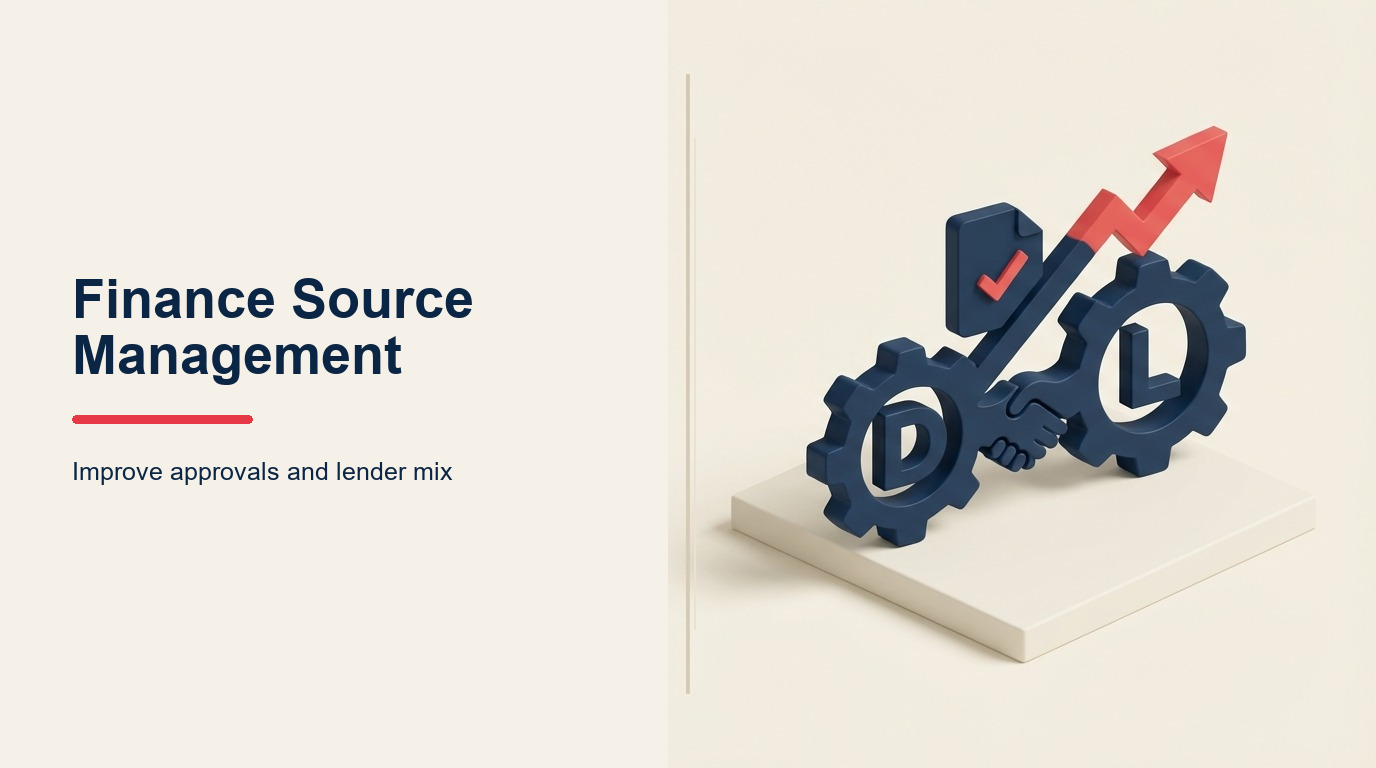 Automotive Finance Source Management illustrated as a central deal folder routed through a fan of lender arches toward one coral approved vehicle key