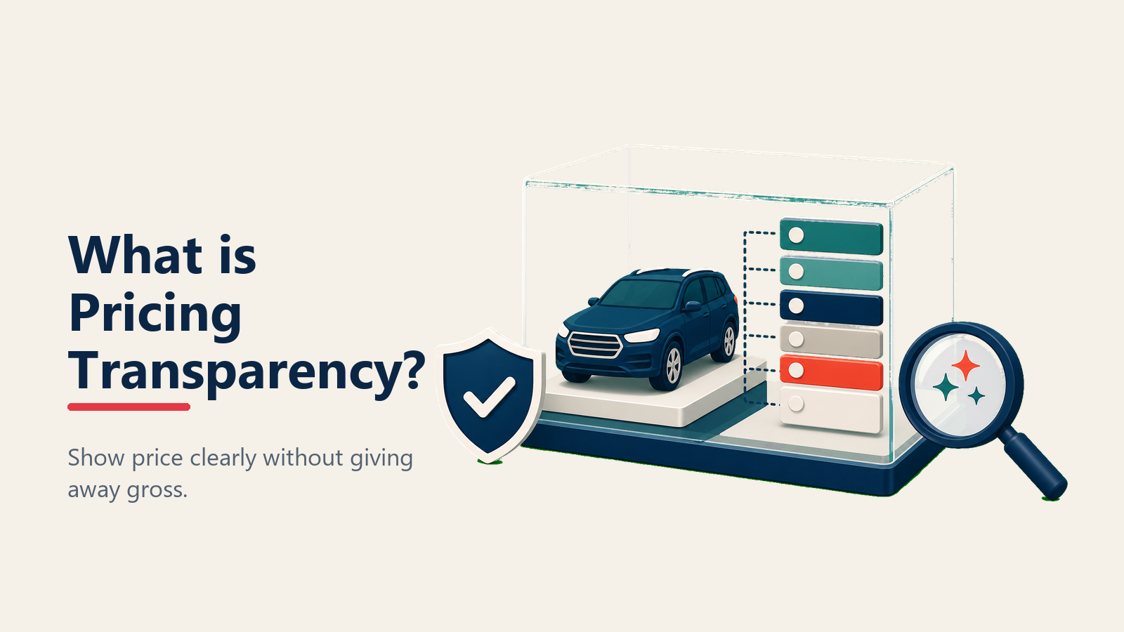 Online automotive pricing transparency shown as an open price window between vehicle and buyer trust