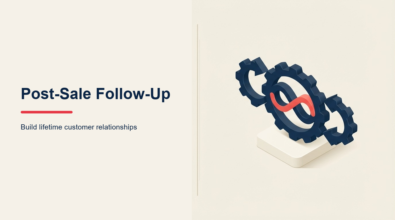 Post-Sale Follow-Up Process illustrated as a delivered vehicle starting a circular relationship route through service, review, referral, and repeat-purchase markers