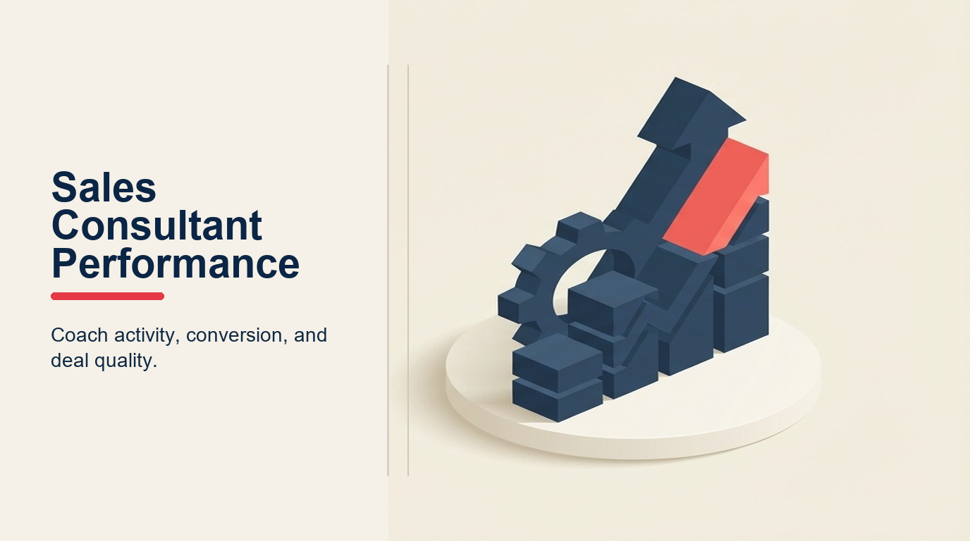 Sales Consultant Performance Management illustrated as a dealership team climbing distinct performance steps toward a coral top-performer flag, using simple faceless silhouettes
