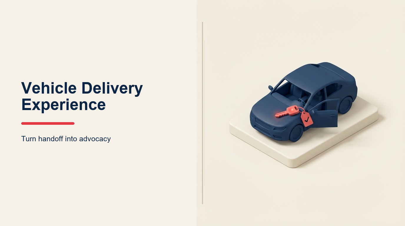 Vehicle delivery experience connecting celebration, feature education and long-term customer retention