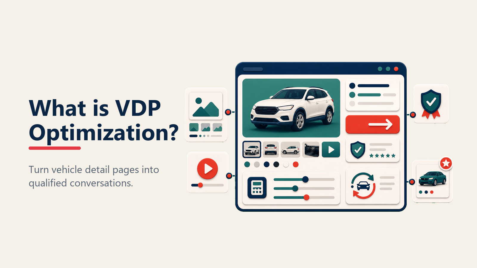 Vehicle detail page optimization shown as a car listing passing through a conversion lens into one qualified inquiry