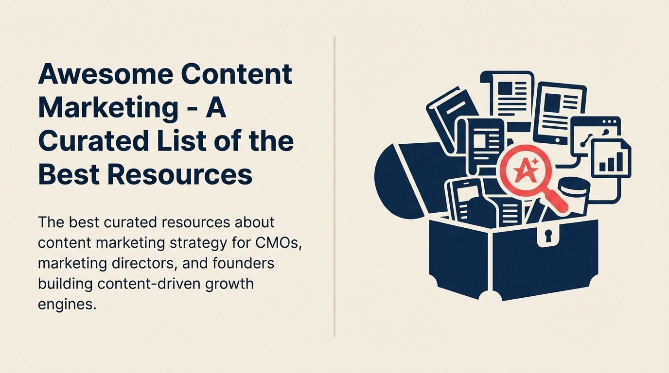 Awesome Content Marketing shown as an editorial calendar, search lens, pen nib, and compounding flywheel.