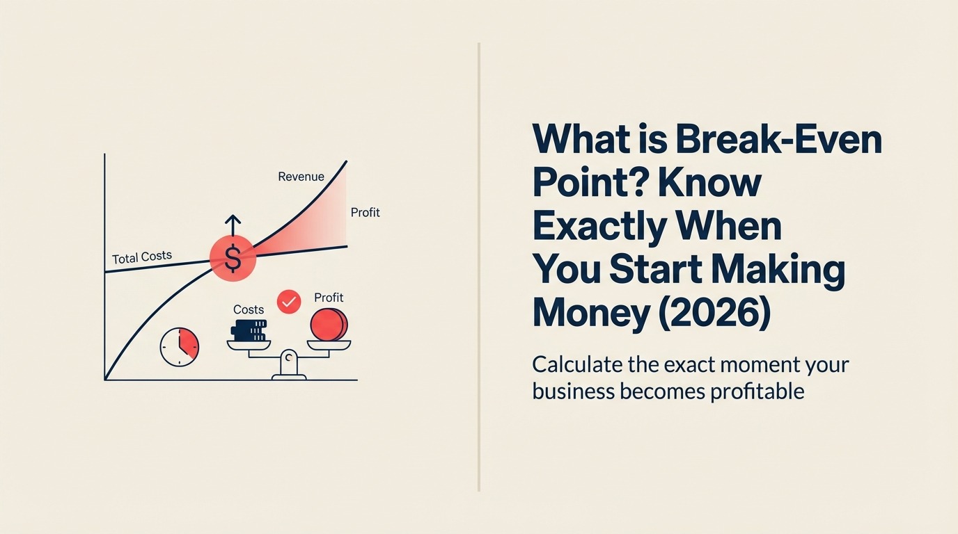 Break-even point shown as revenue and costs balancing at a coral profitability threshold