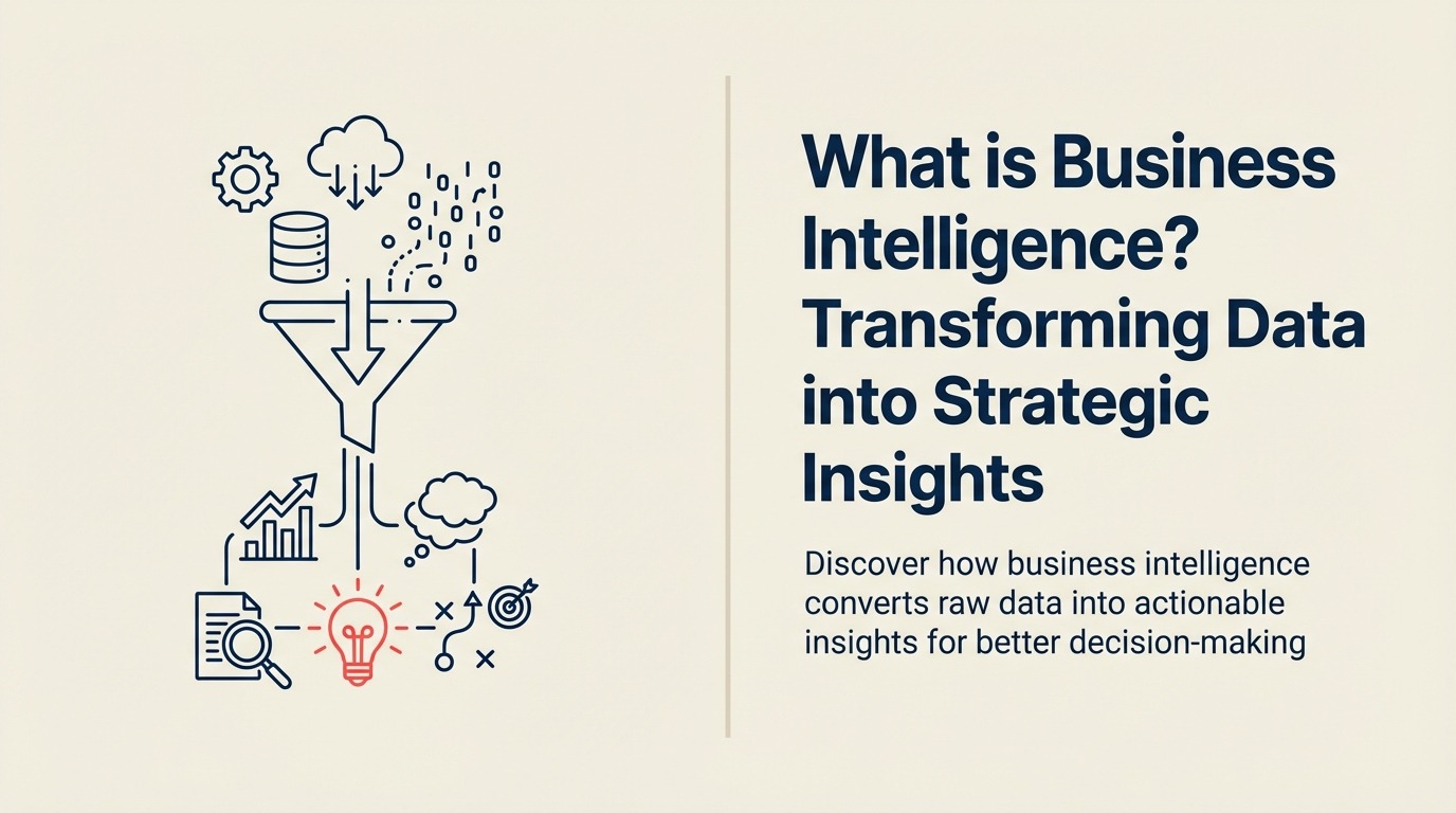 Business intelligence shown as an analysis lens turning mixed business data into a clear decision signal