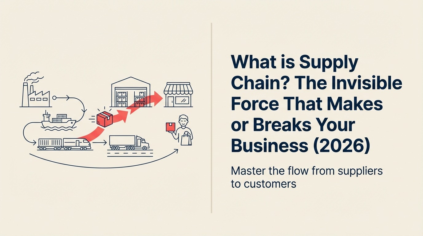 Supply chain shown as a continuous loop from raw materials through production and distribution to customers