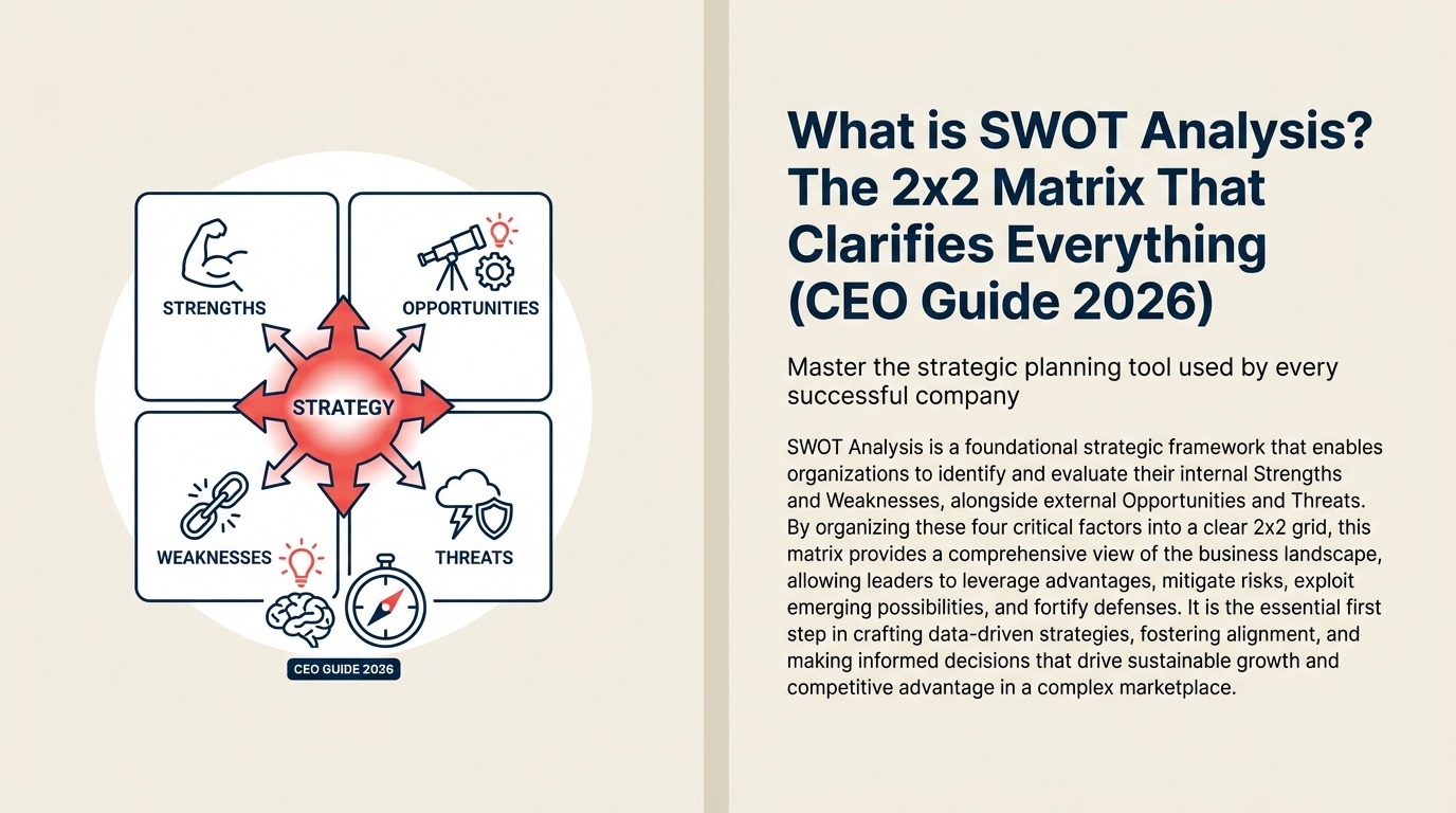 What is SWOT analysis shown as a 2x2 matrix of strengths, weaknesses, opportunities, and threats