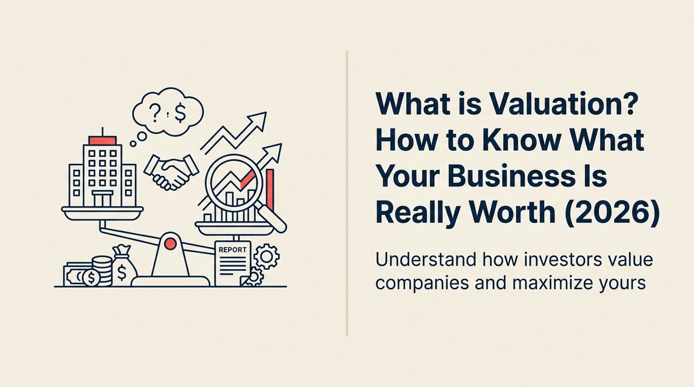 Business valuation illustrated by a buyer's balance weighing financial quality, market story, and timing against an offer