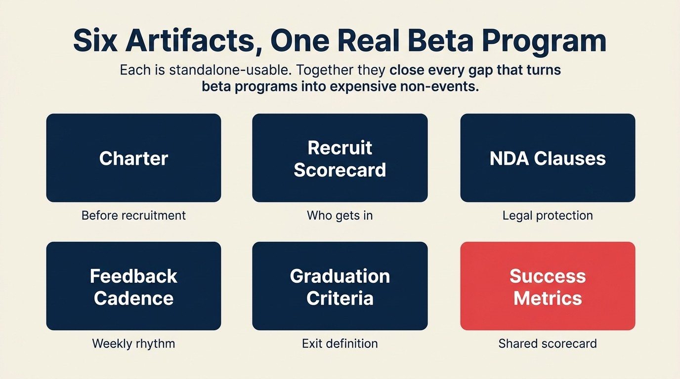 Six beta program artifacts: Charter, Recruit Scorecard, NDA, Cadence, Graduation, Metrics