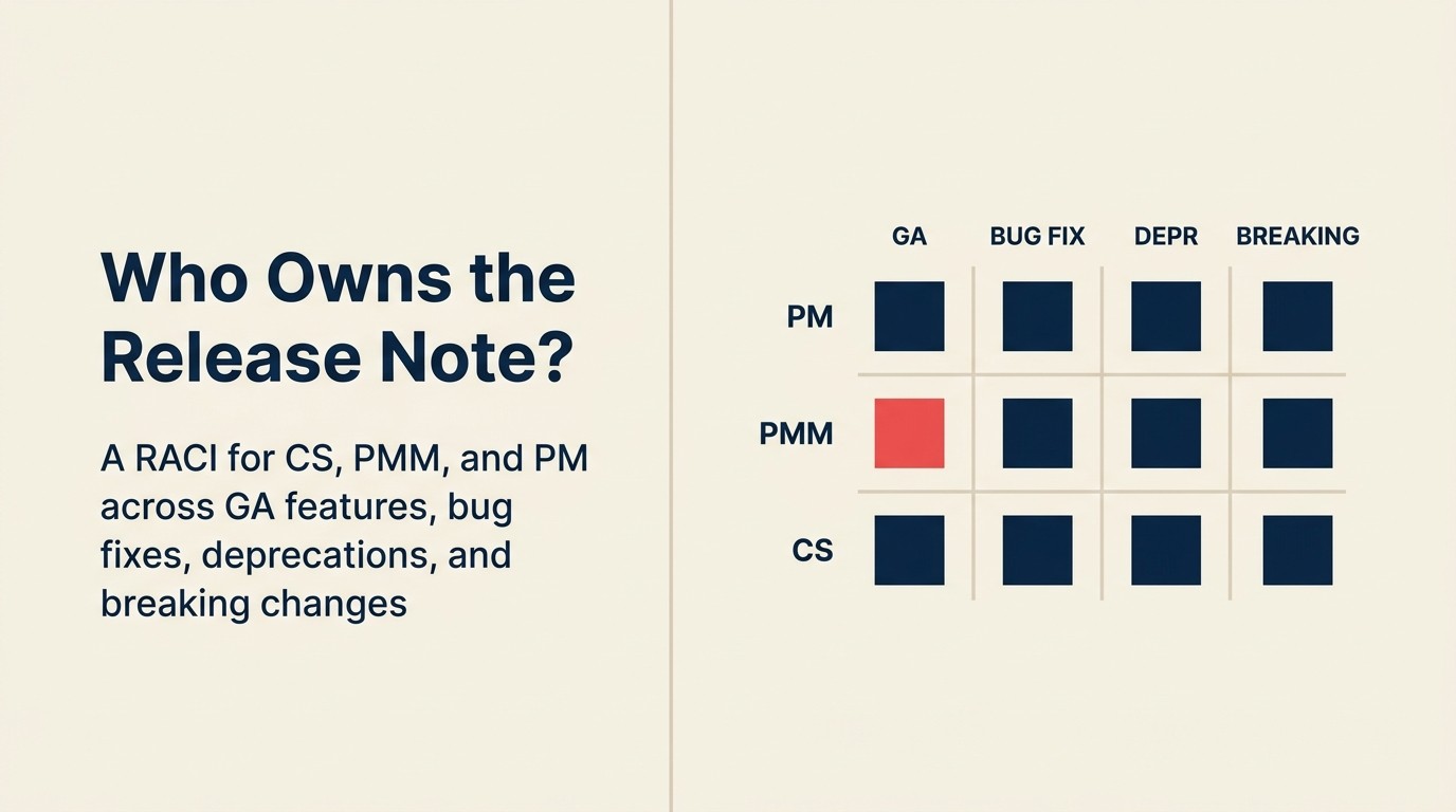 Release notes ownership RACI framework for CS, PMM, and Product teams