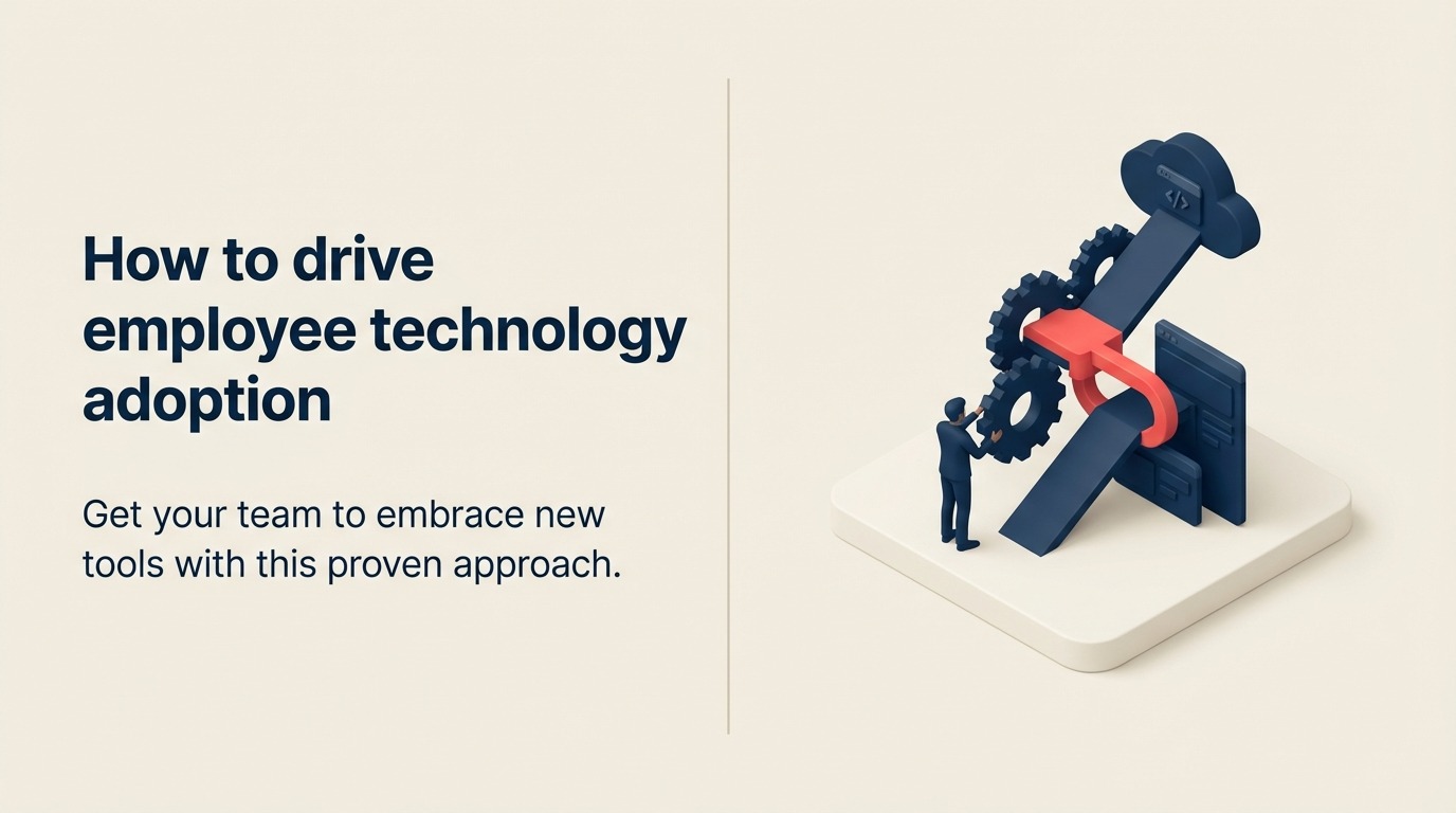 Employee technology adoption shown as teams crossing from familiar tools to a supported new workflow