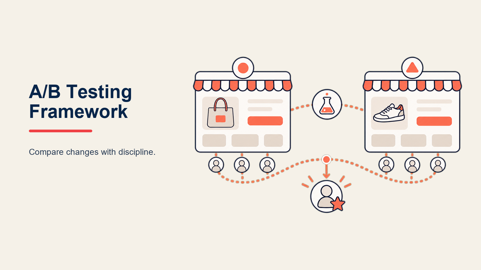 E-commerce A/B Testing Framework illustrated with two alternative storefront tiles entering a balanced experiment scale and producing one coral evidence token