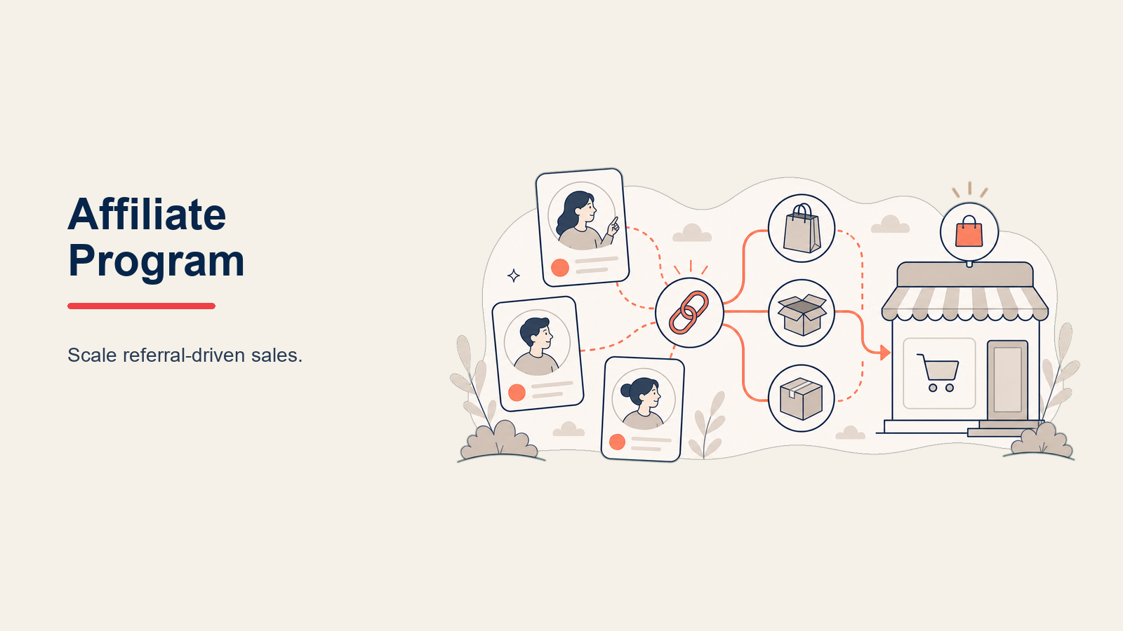 Affiliate Marketing Program with partner recruitment flywheel with a central merchant storefront, diverse partner tokens, tracked orders, and one coral commission token