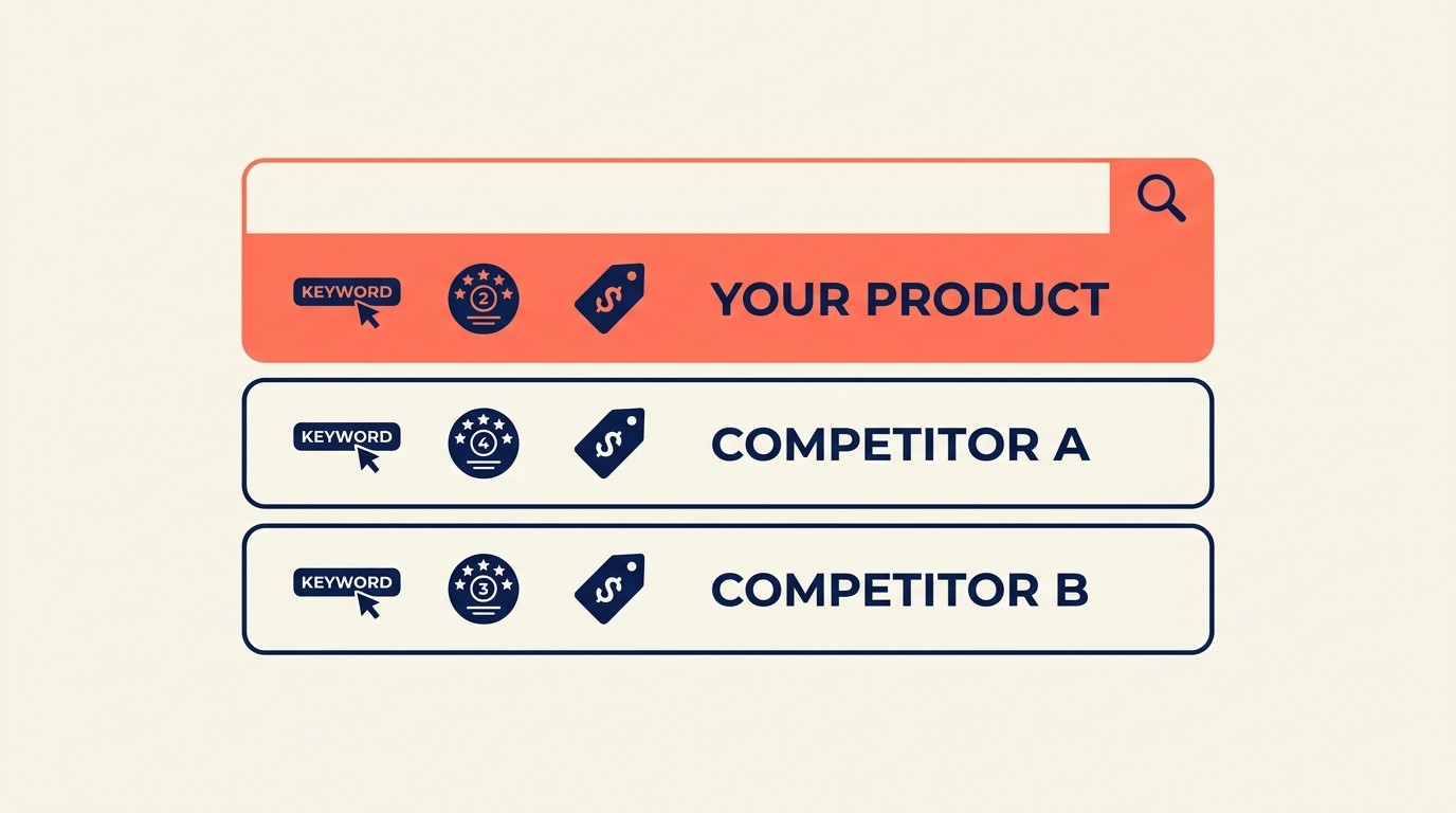 Wettbewerbs-Benchmarking-Dashboard zum Vergleich der Top-10-Amazon-Wettbewerber-Listings nach Ranking-Faktoren