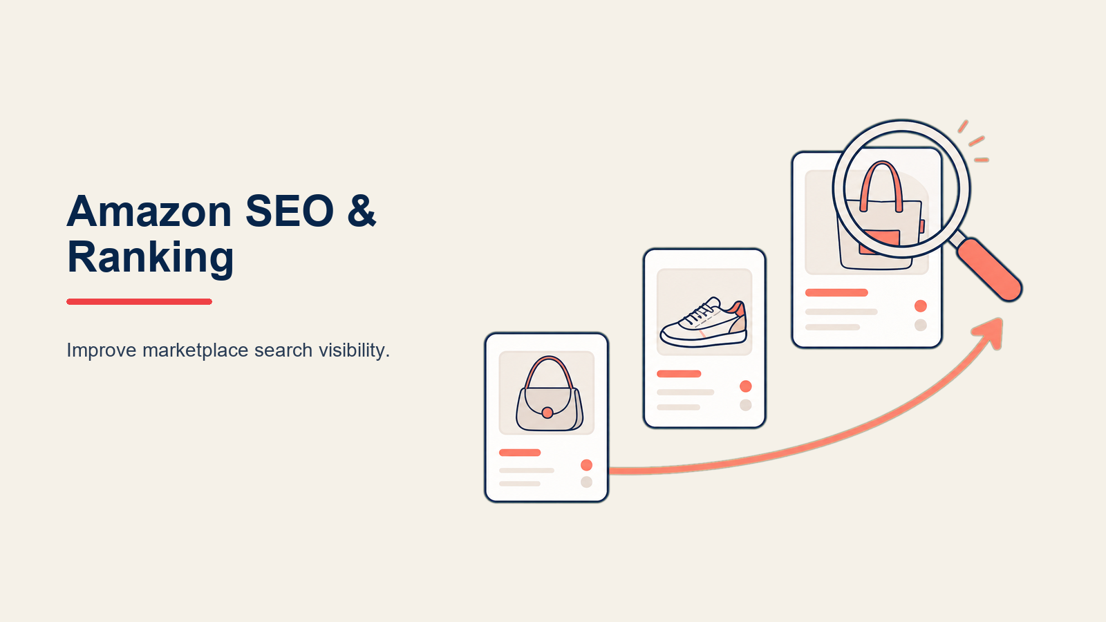 Amazon SEO Ranking: a large magnifying lens focusing a product box onto one coral purchase signal, with a subtle three-part orbit suggesting relevance, performance, and satisfaction