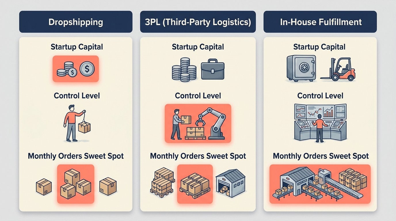 Perbandingan sebelah menyebelah antara dropshipping, 3PL, dan pemenuhan dalaman merentas modal, kawalan, dan skalabiliti