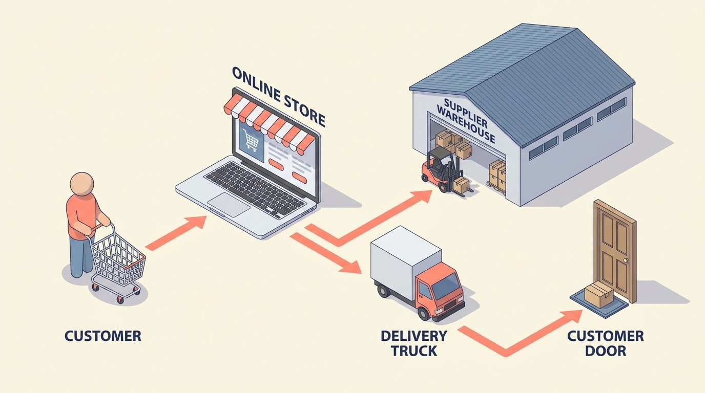 Aliran pesanan dropshipping dari pelanggan kepada pembekal dengan margin yang dikekalkan oleh penjual