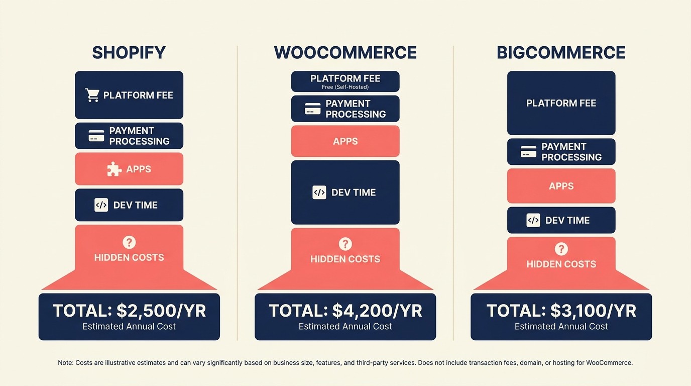 Total Cost of Ownership im Vergleich zwischen Shopify, WooCommerce und BigCommerce für einen Shop mit 500.000 Dollar Umsatz