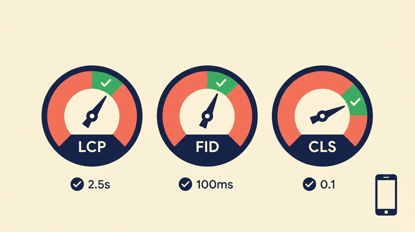 Dashboard metrik Core Web Vitals yang menunjukkan ambang LCP, FID, dan CLS