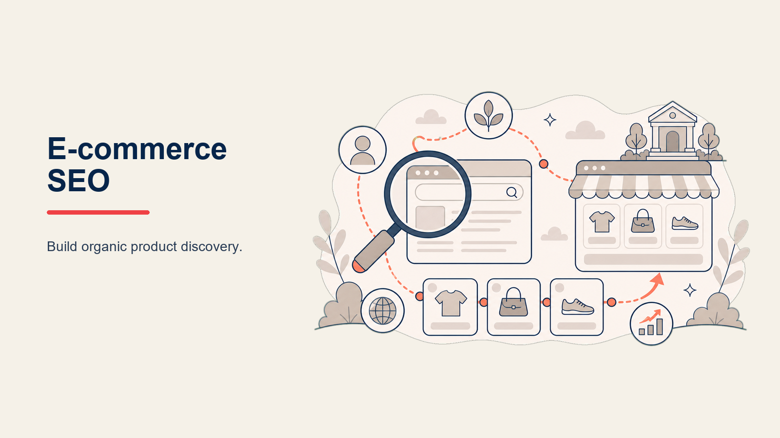 E-commerce SEO Strategy illustrated as a storefront rises from a search foundation while category paths, content signals, authority links, and one coral discovery beacon converge