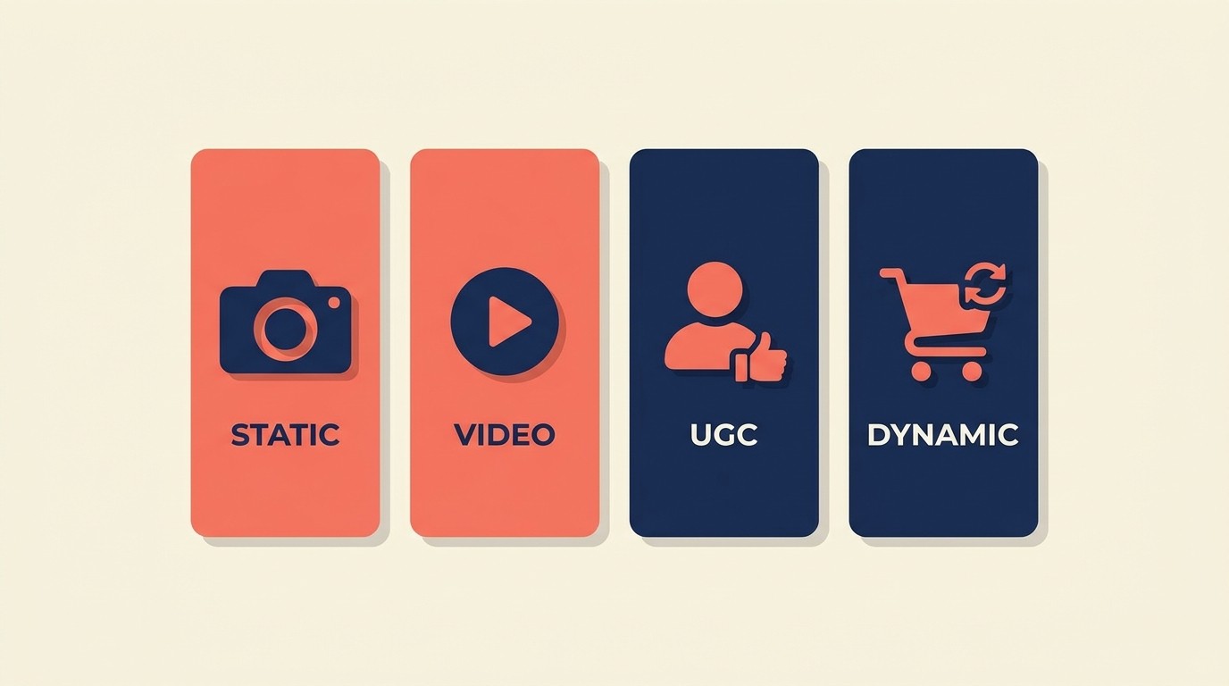 Jenis kreatif iklan Meta termasuk imej statik, video, dan iklan produk dinamik