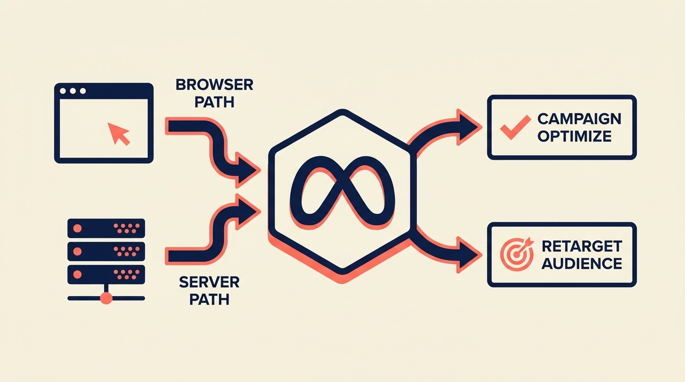 Aliran penjejakan Meta Pixel dan Conversions API dari pelayar dan pelayan ke Meta
