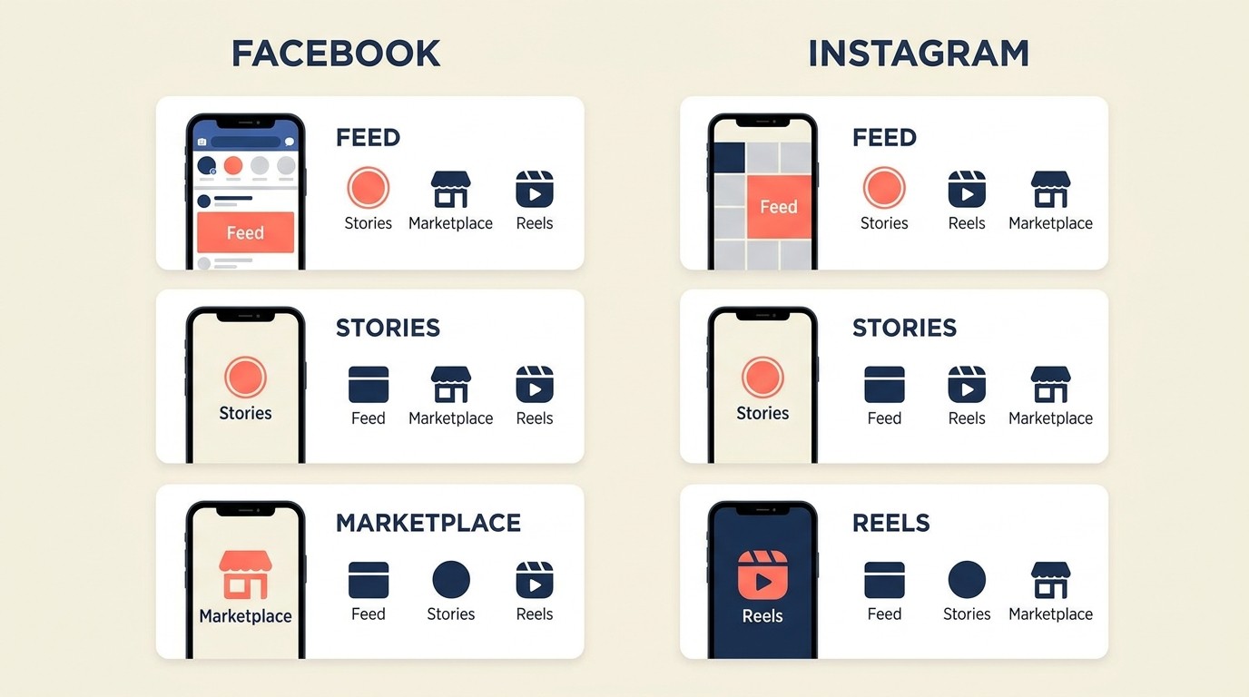 Penempatan iklan Meta merentasi feed, cerita, dan reels Facebook dan Instagram