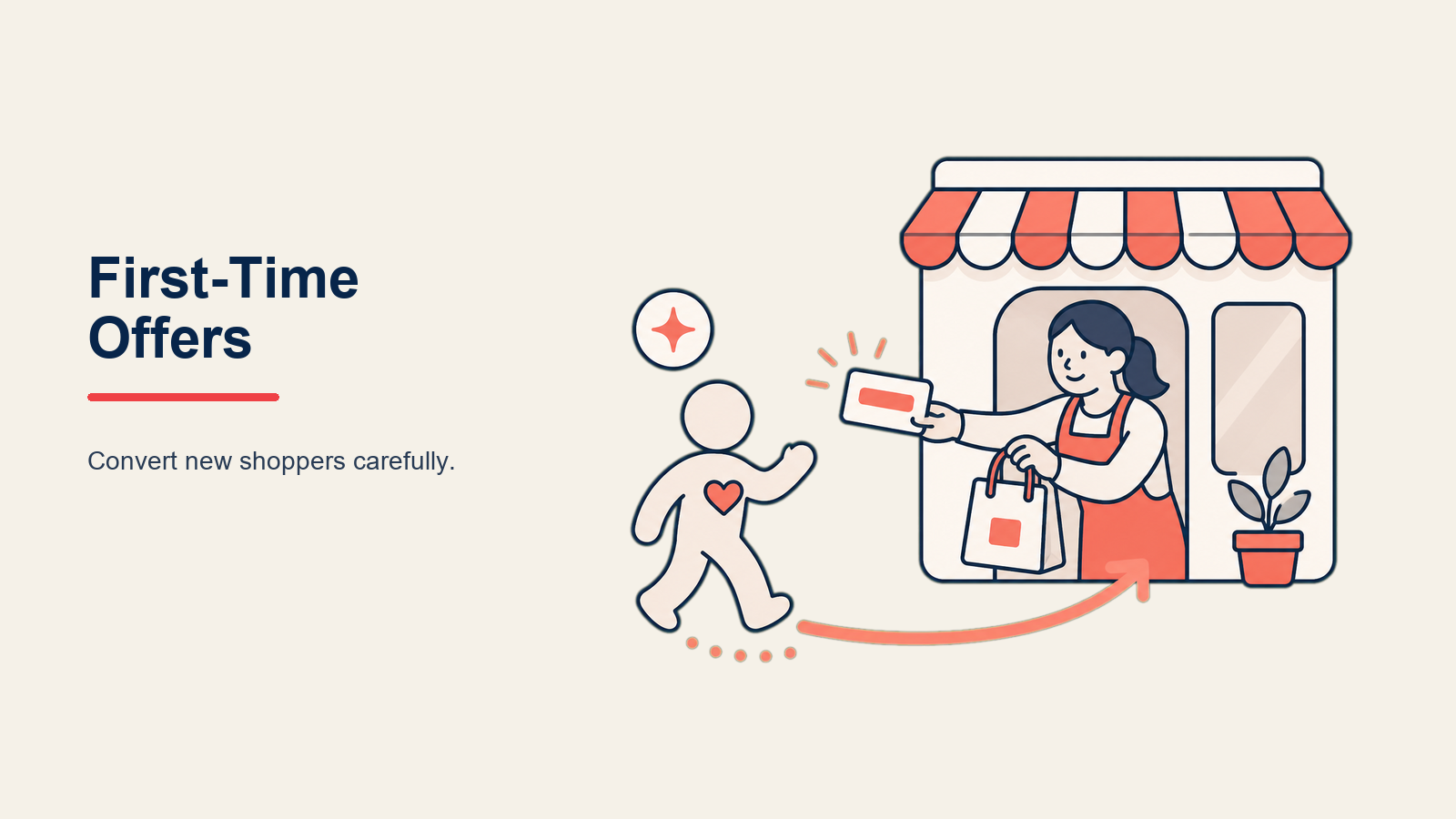 First-Time Customer Offers: a balance scale comparing a welcome offer tag plus acquisition cost against repeat-purchase coins and customer lifetime value, with a coral break-even pointer