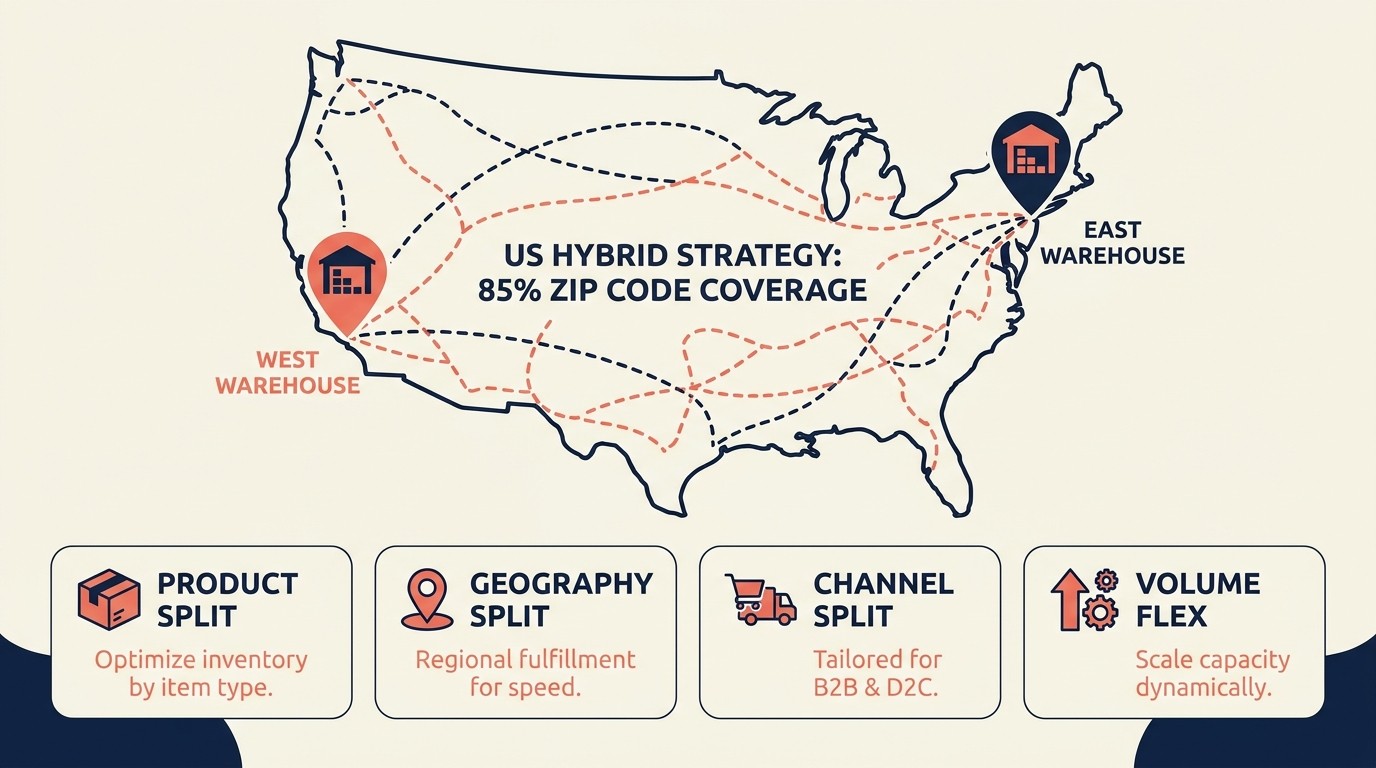 Modelo de fulfillment híbrido combinando operações internas com 3PL por produto, geografia e canal