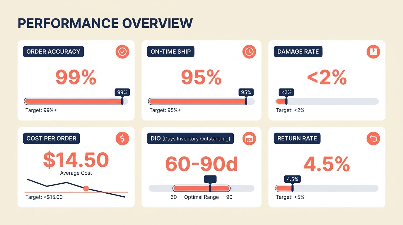 Dashboard de performance de fulfillment acompanhando precisão, envios no prazo, custo por pedido e taxas de dano