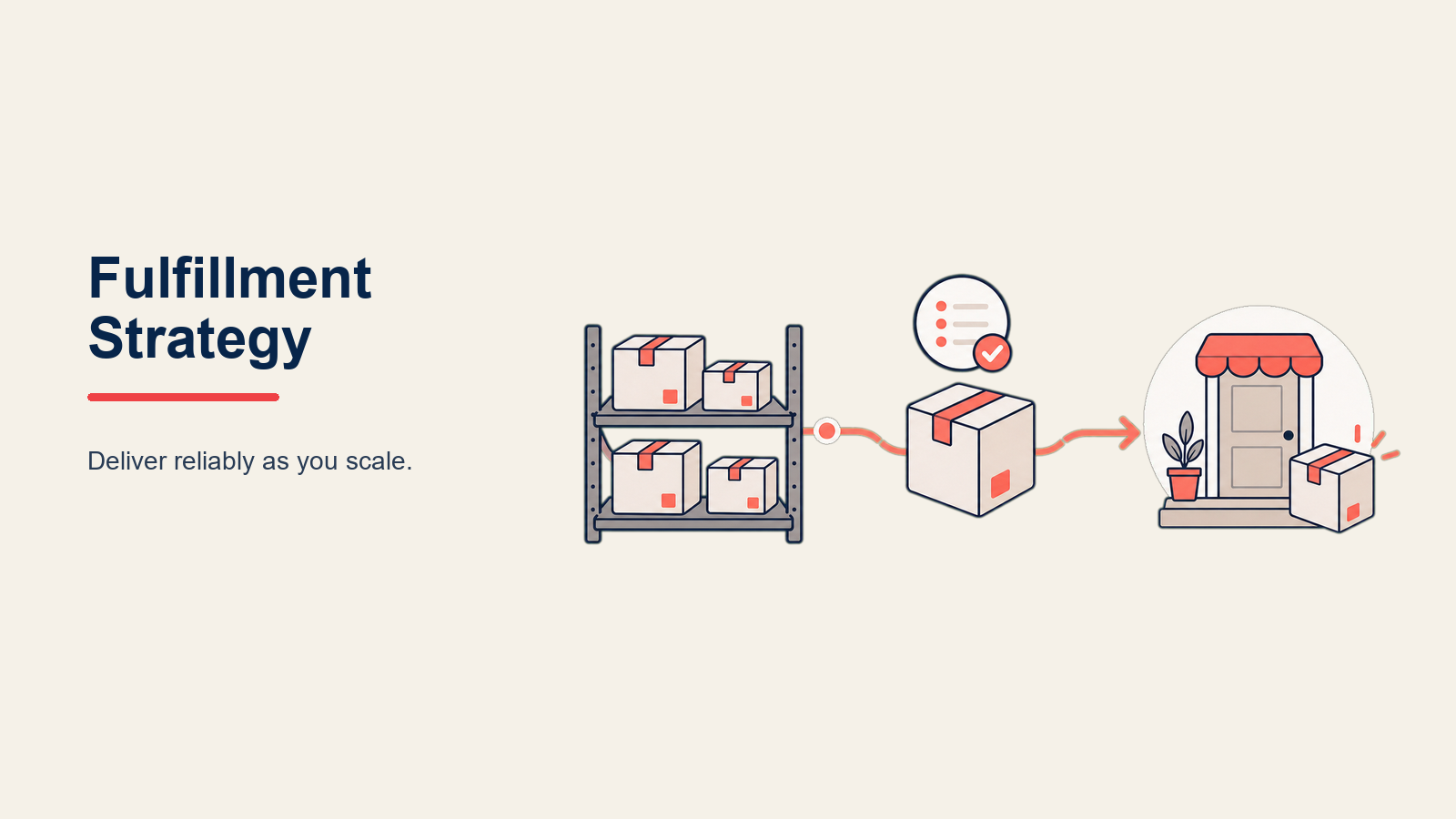In-House vs 3PL Fulfillment illustrated with a wide balanced comparison between an owned warehouse workbench and a third-party logistics hub, joined by one delivery route, no text