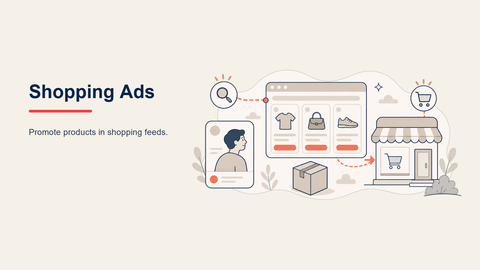 Google Shopping Ads Strategy, illustrated as a large merchant feed tray sorting product cards into a shopping auction lens, with one coral winning product token