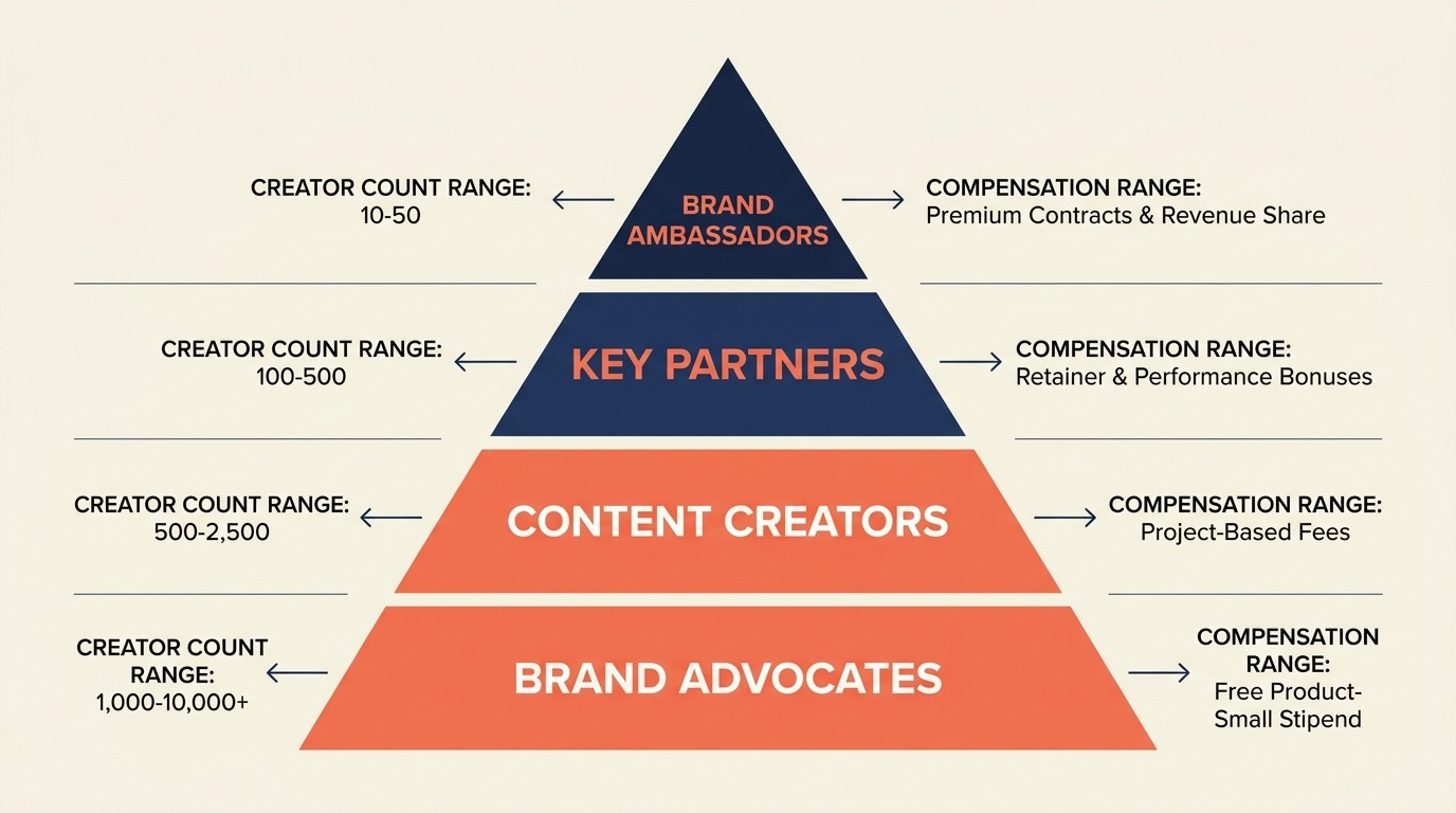 Struktur program influencer empat tingkatan dari brand advocates hingga ambassador untuk penskalaan
