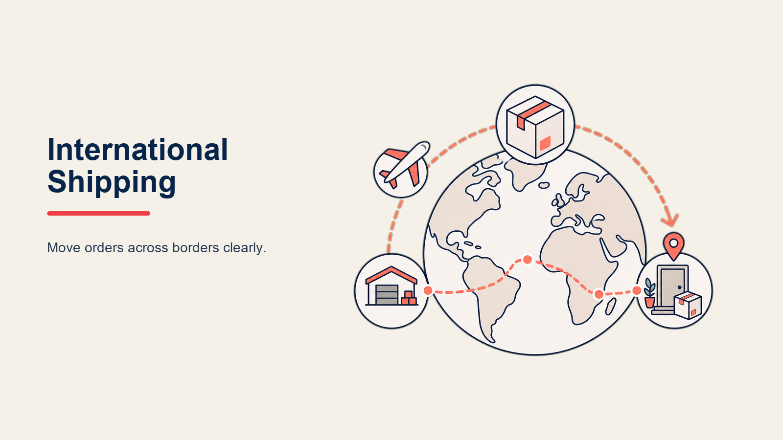 International Shipping for E-commerce illustrated as a parcel crosses a globe-shaped customs gate while cost, duty, and delivery tokens remain visibly connected